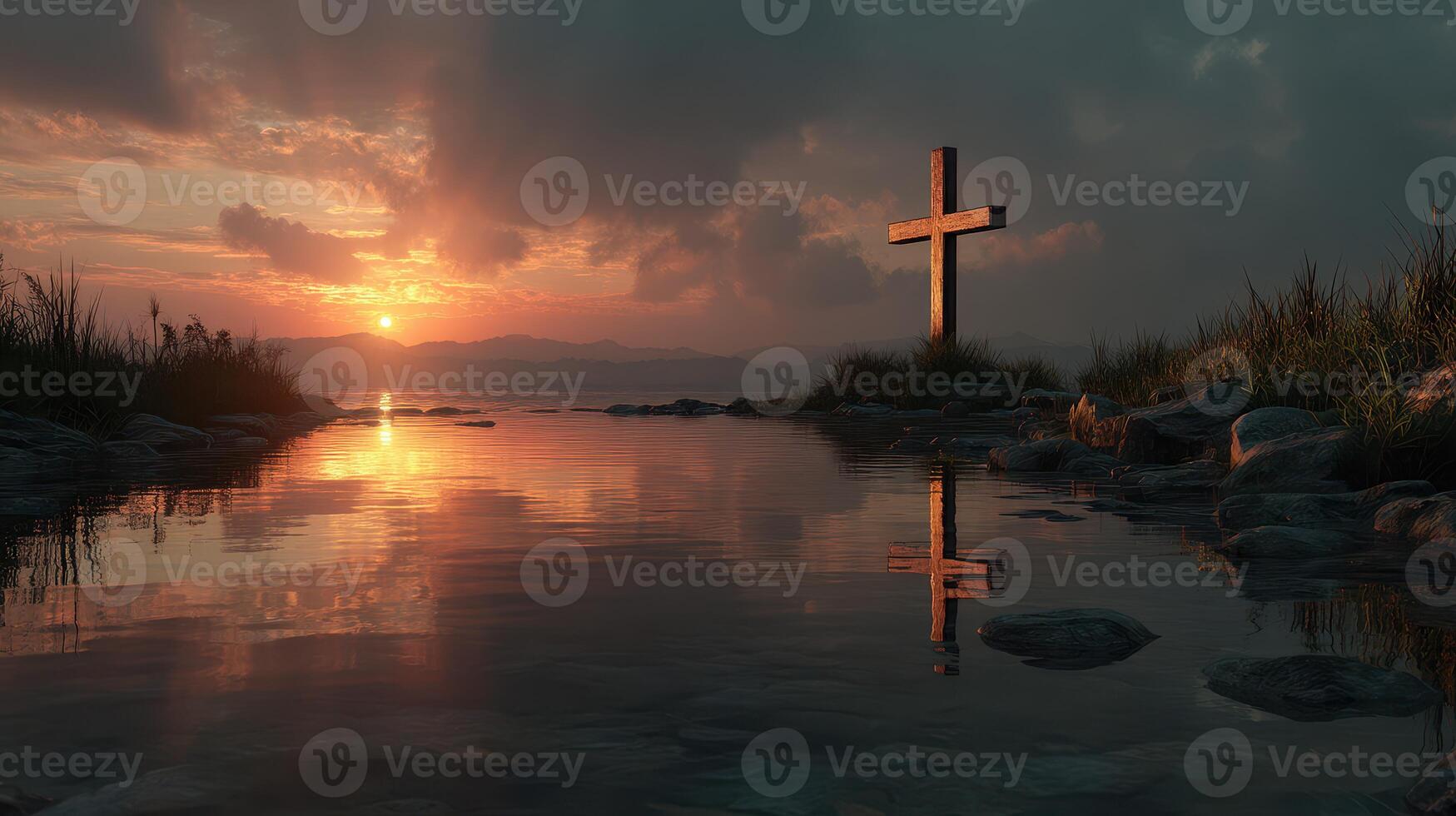Sunset over a tranquil lake with a wooden cross reflecting in the water along a serene landscape photo