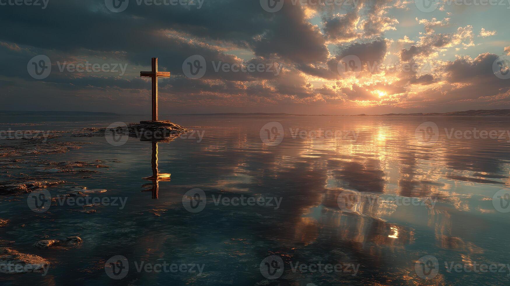 Serenity at dawn with a cross reflecting in calm waters under a colorful sky photo