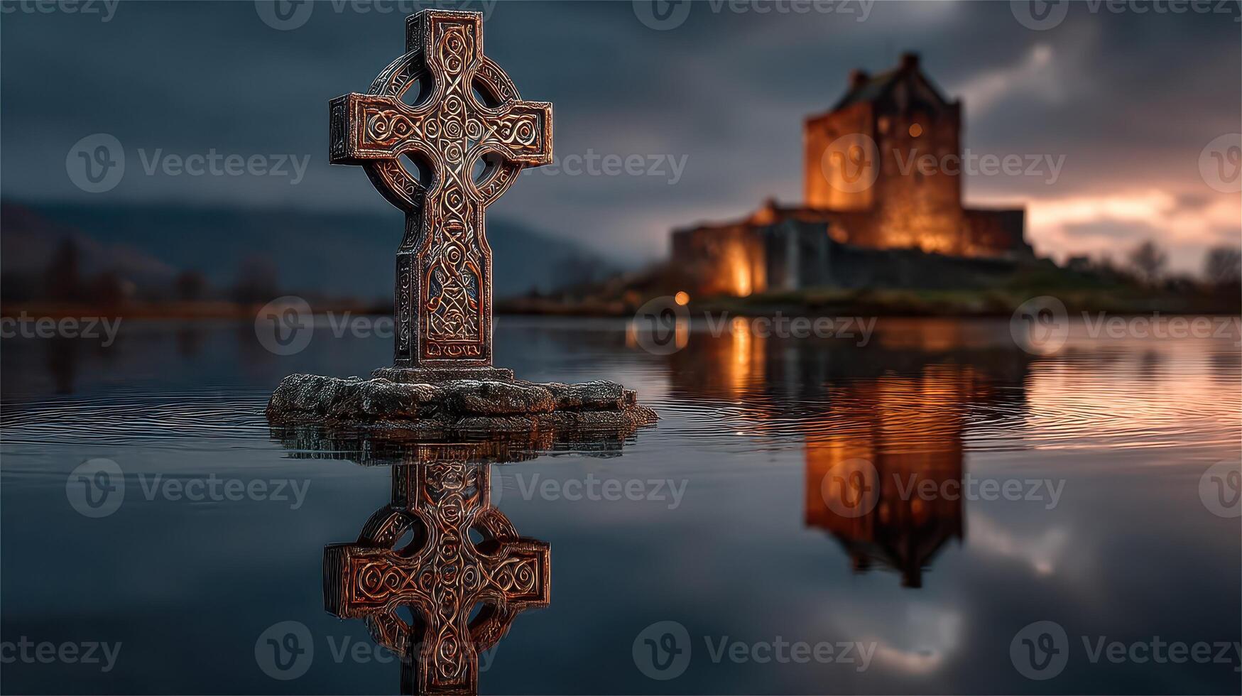 Majestic Celtic cross reflects in still waters with ancient castle in the background during twilight hours photo