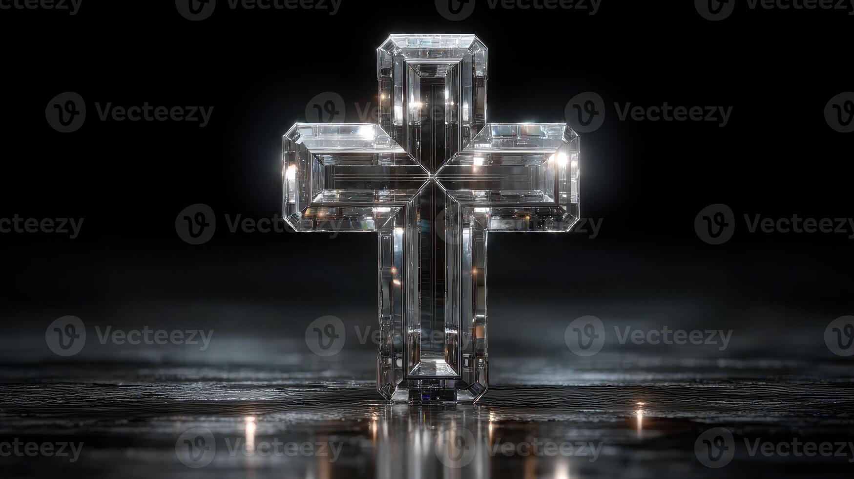 Crystal cross illuminated on a reflective surface creating a serene and peaceful ambiance at night photo