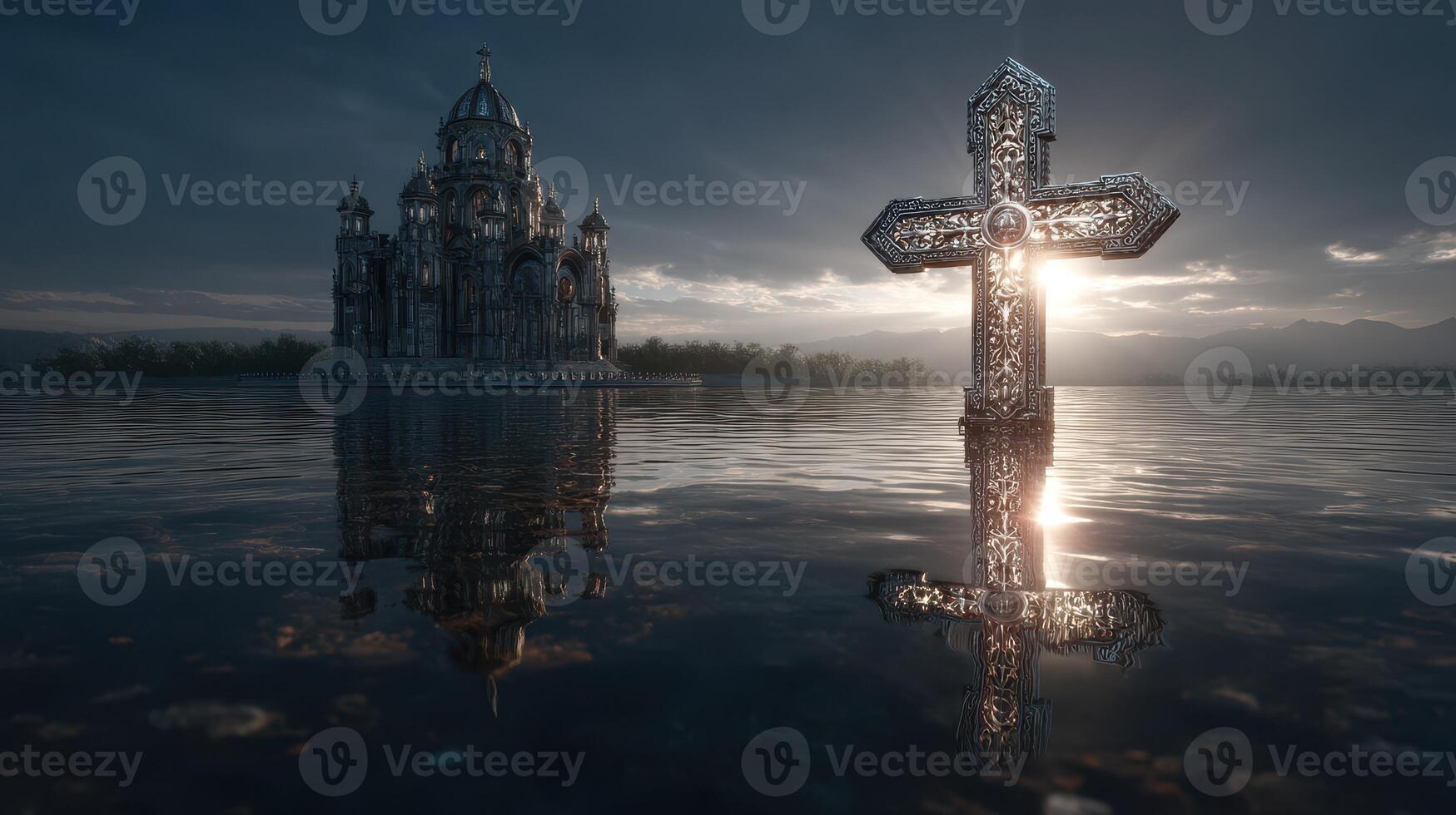 Glistening cross in serene water with an ornate structure in the background during twilight photo