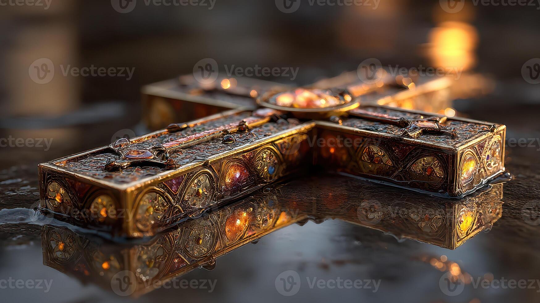 Ornate metallic cross rests on reflective surface during golden hour, showcasing intricate designs and warm tones photo