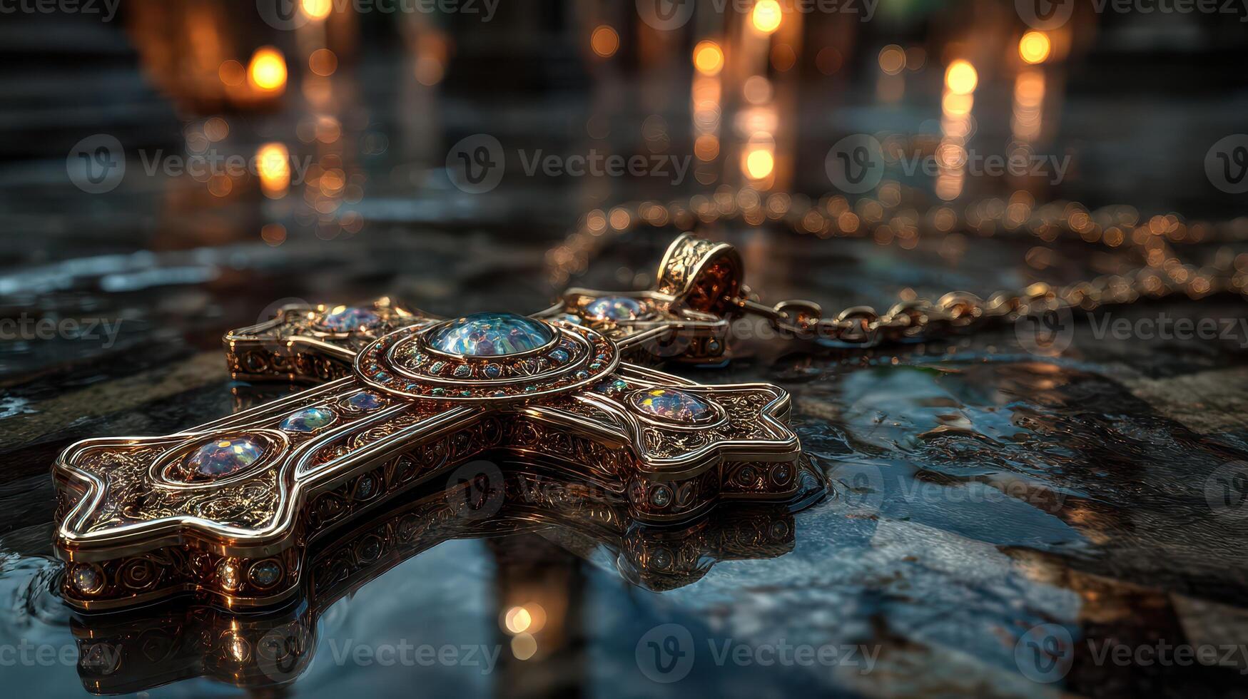 Intricate golden cross adorned with gemstones resting on a reflective surface amid softly glowing candles photo