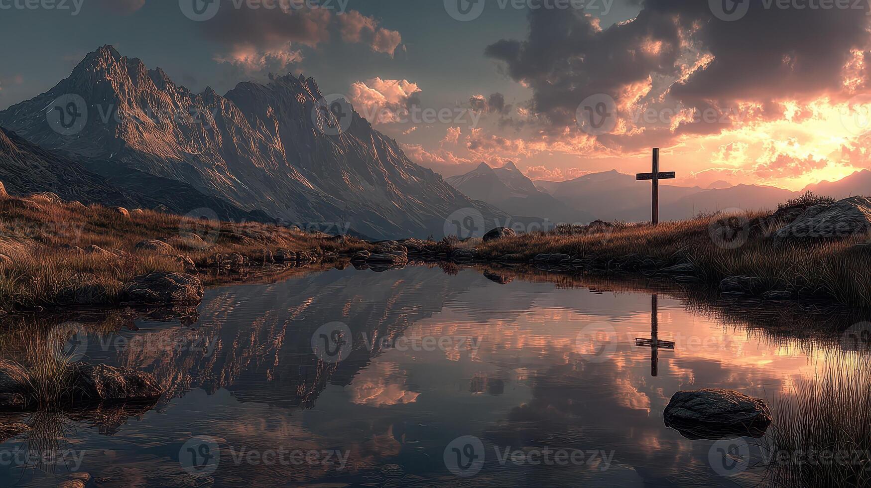 Mountain landscape with reflection in water during sunset showcasing a cross and dramatic sky photo