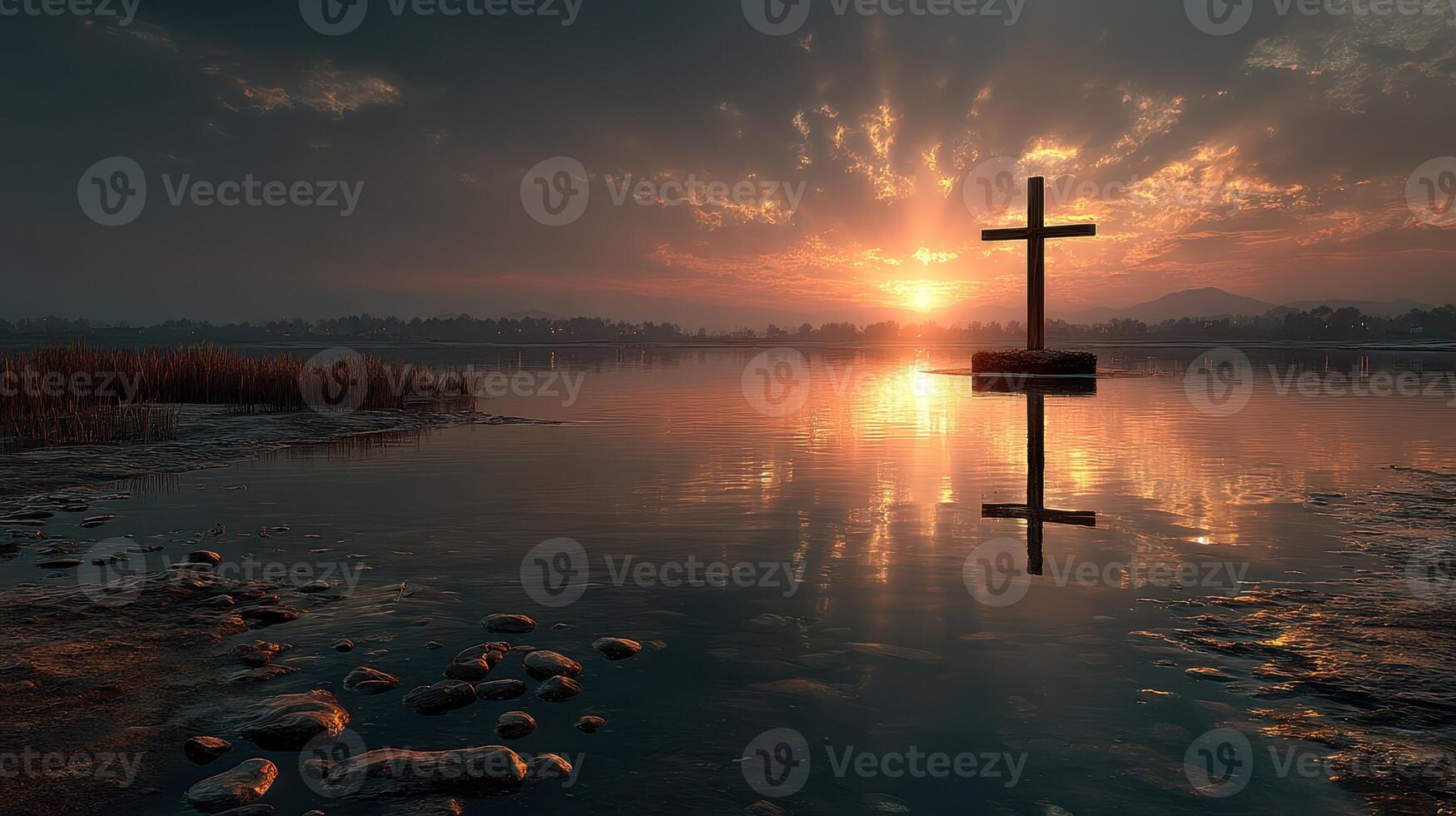 Sunset reflection on water with a cross at a serene lakeside location during twilight hours photo