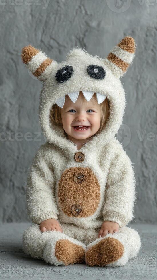Cute toddler dressed in fluffy animal costume sits happily on gray background smiling widely photo