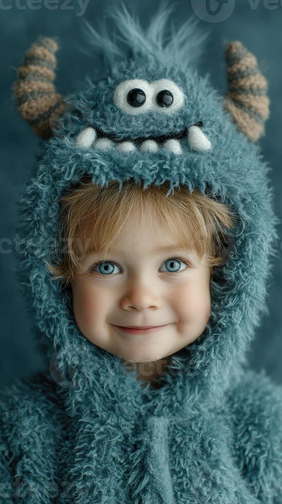 Child in blue fuzzy monster costume smiling warmly against a textured background photo