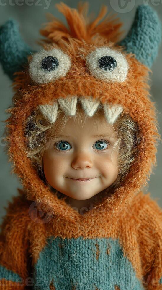 Child in a fluffy orange monster costume smiles brightly in a cozy indoor setting during a playful moment photo