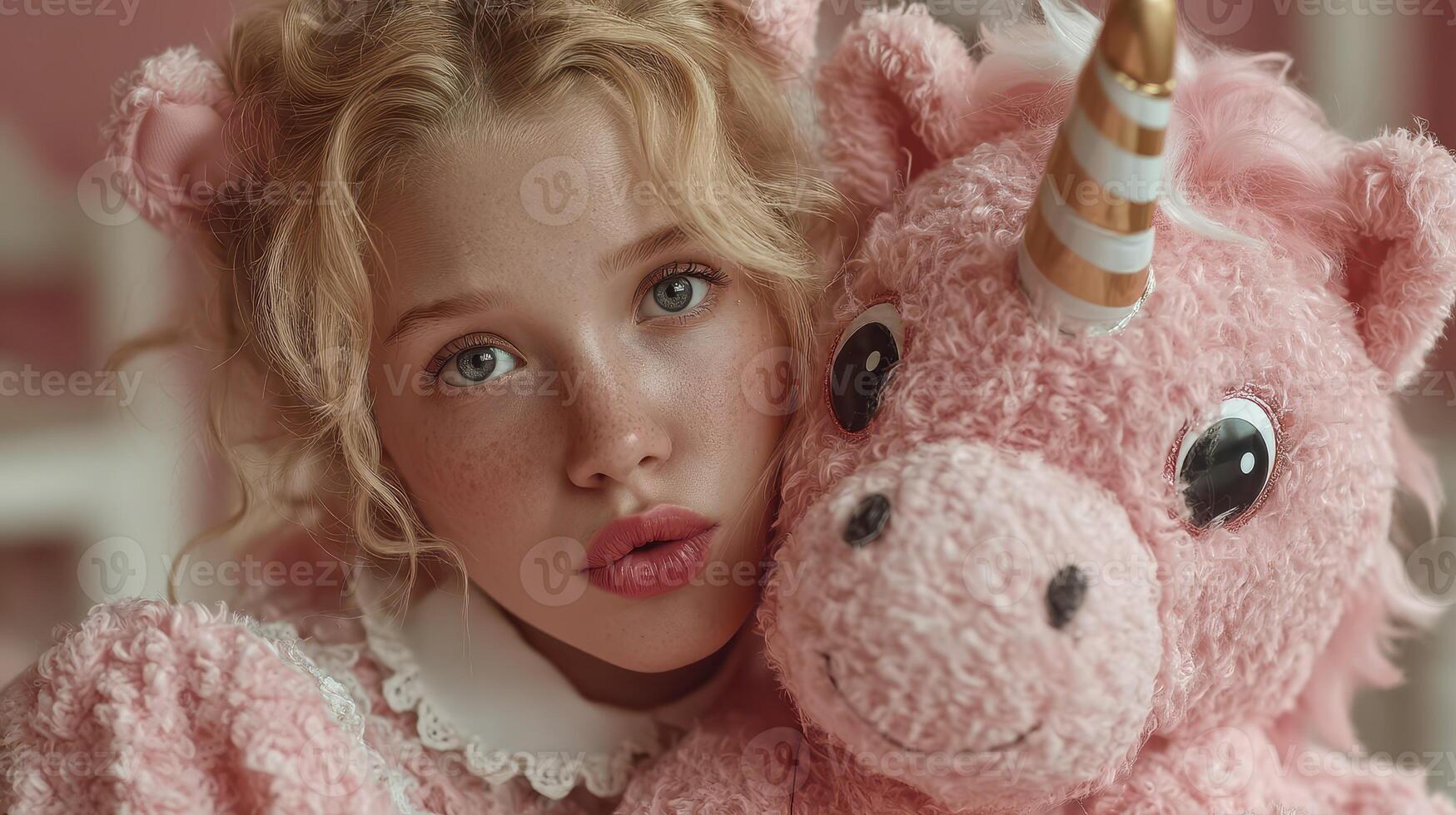 Young girl cuddles plush unicorn toy in cozy pastel room during afternoon photo