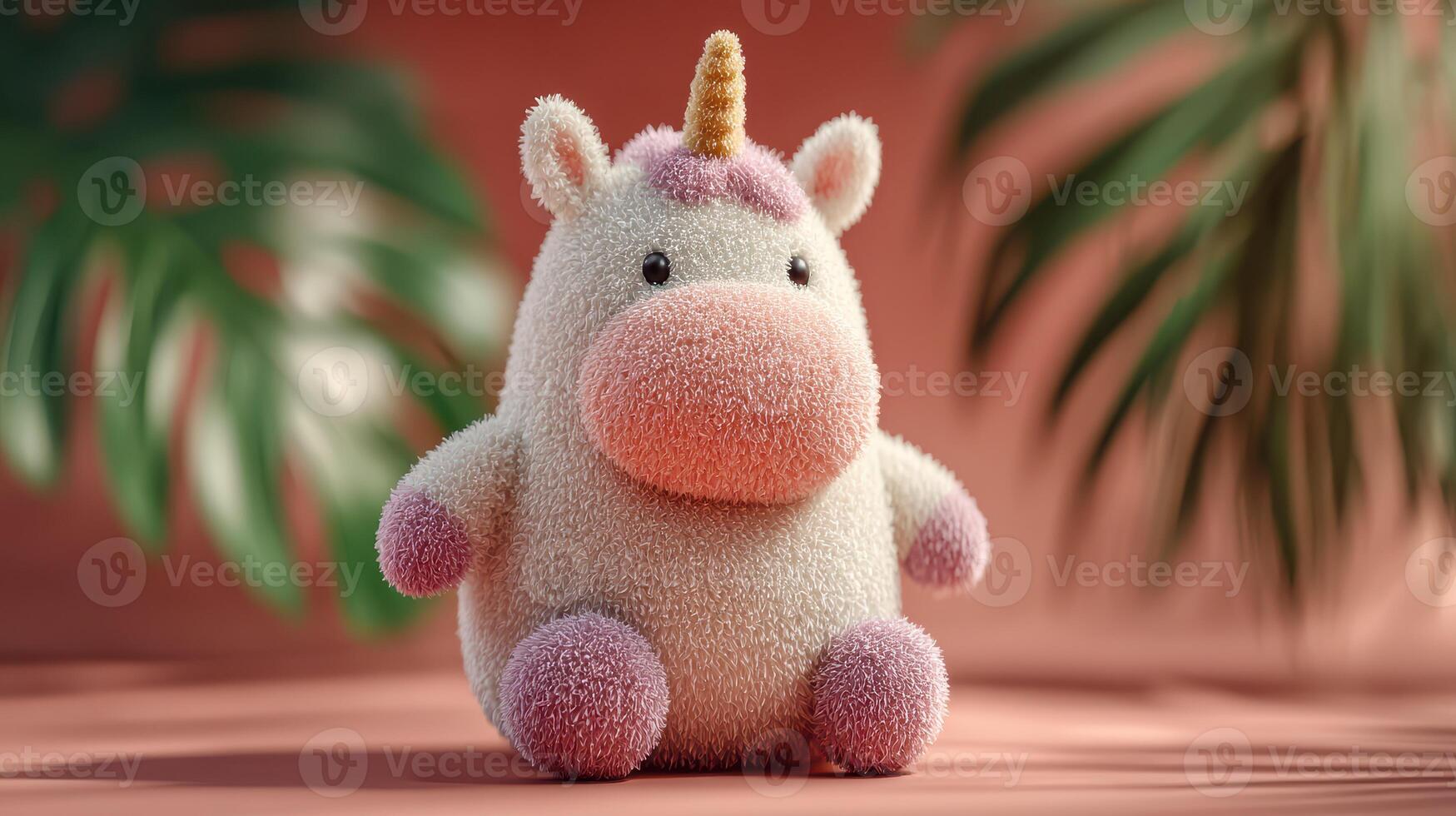 Soft and colorful unicorn plush toy sitting on a pink surface with tropical plant leaves in the background photo