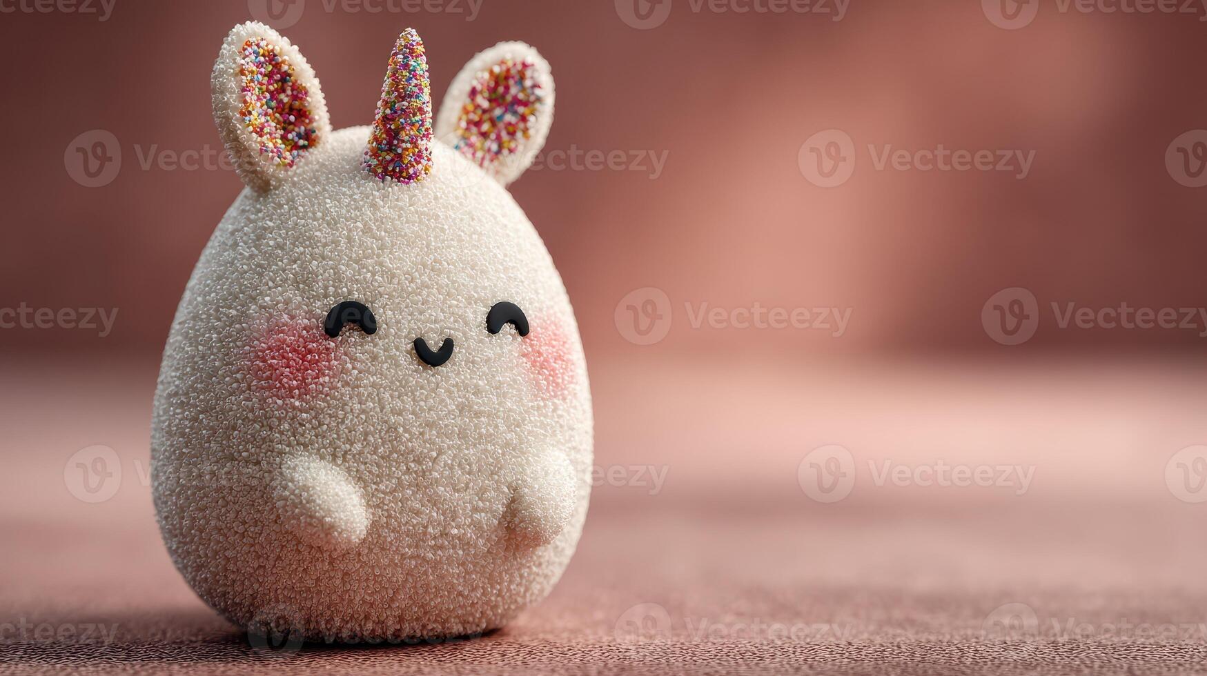 Cute unicorn figure with pastel colors rests on soft surface during daylight, showcasing delightful charm and playful design photo