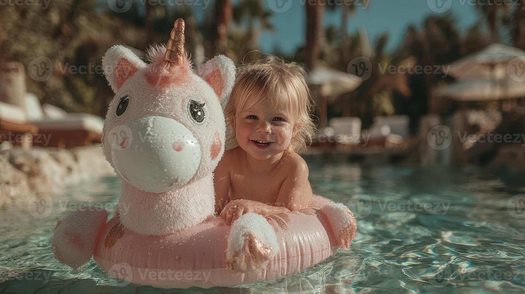 Smiling toddler enjoys a sunny day in a pool with a colorful unicorn float photo