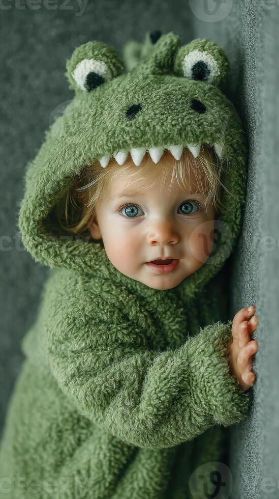Child in green dinosaur outfit poses playfully against a soft backdrop in a cozy indoor setting during daylight hours photo