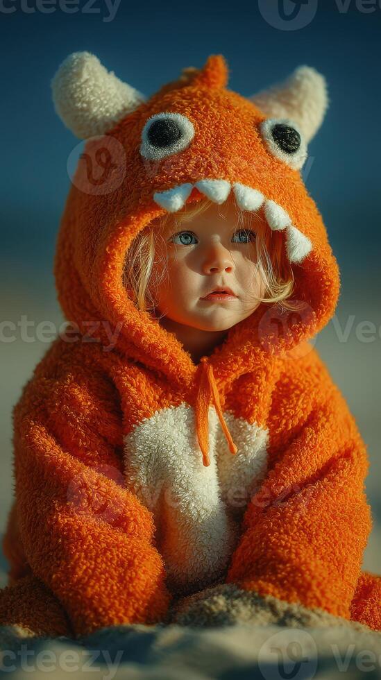 Child in orange monster hoodie gazing thoughtfully at the beach during golden hour, surrounded by soft sand and sea photo