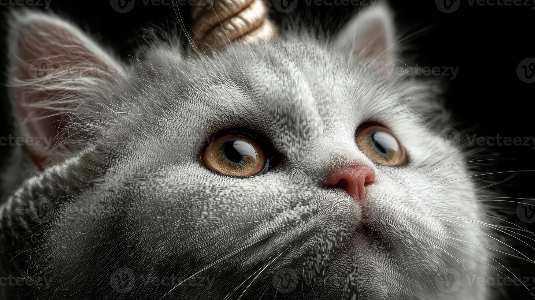 Unique gray cat with a unicorn horn showcasing curious expression in a dark setting photo