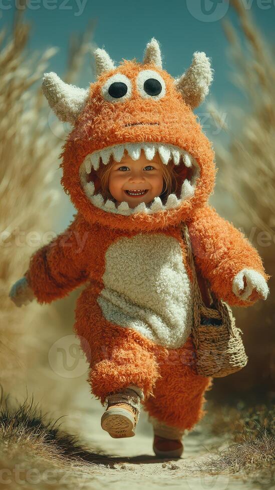 Cute child in orange monster costume joyfully running through tall grass during sunny day photo