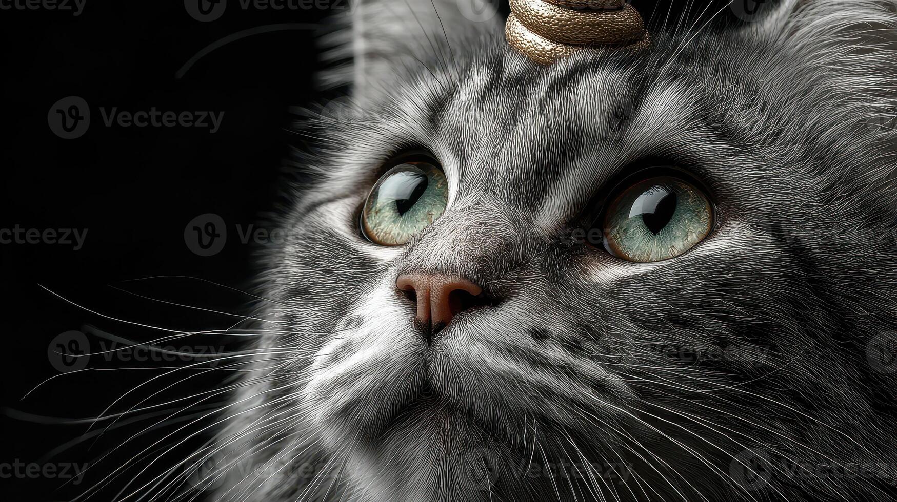 Close-up of a curious gray cat looking upwards with an ornate decoration perched on its forehead photo