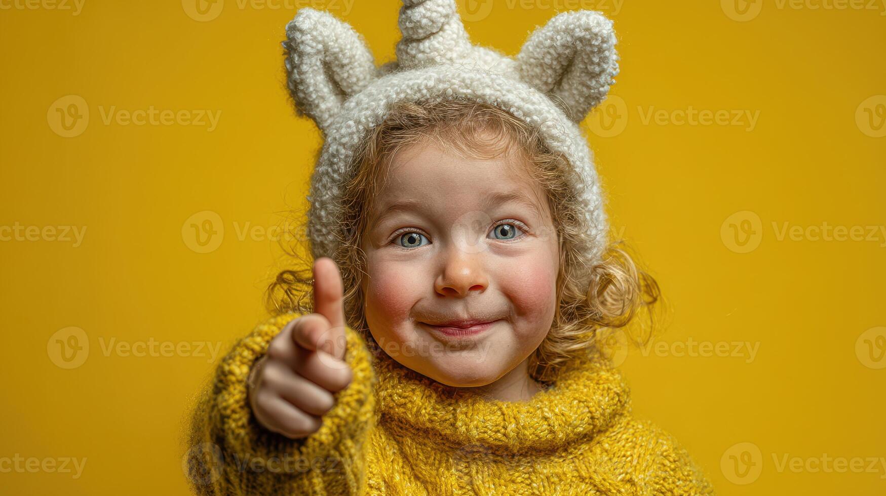Cheerful child in a unicorn hat gives a thumbs up against a bright yellow background photo