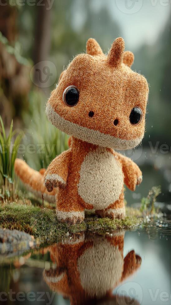Orange plush dragon figure stands by a tranquil pond surrounded by greenery in a forest setting photo