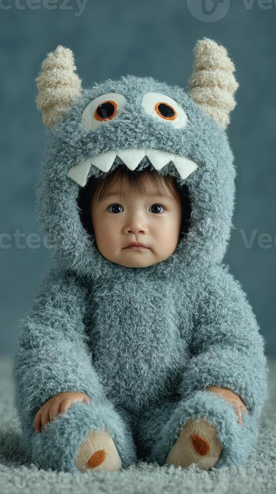 Child dressed in fluffy monster costume sitting on soft surface with a curious expression photo