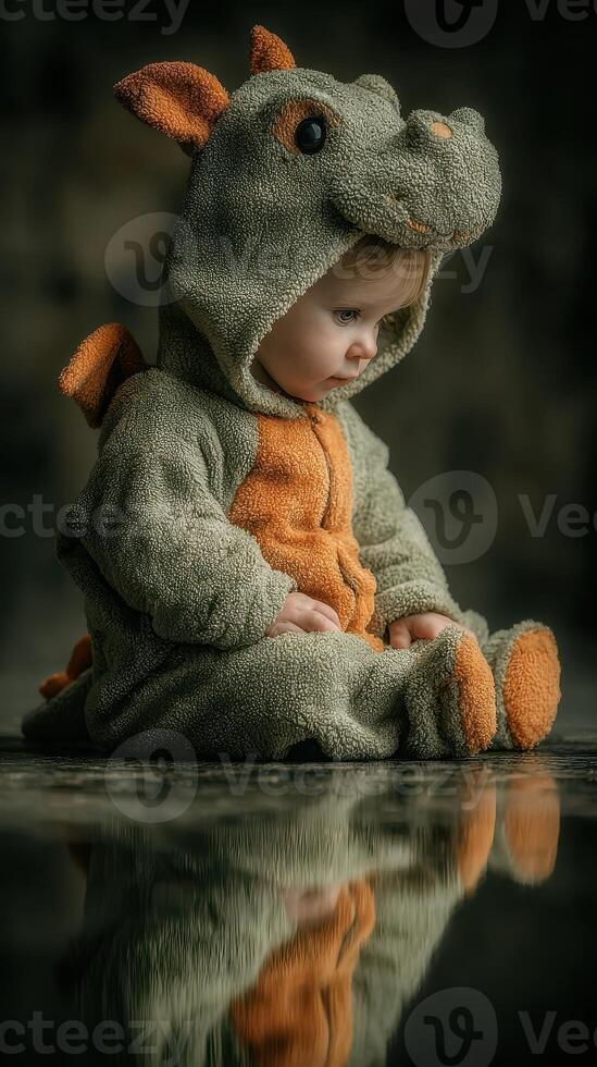 Child in dragon costume sits thoughtfully on reflective surface indoors during fall photo