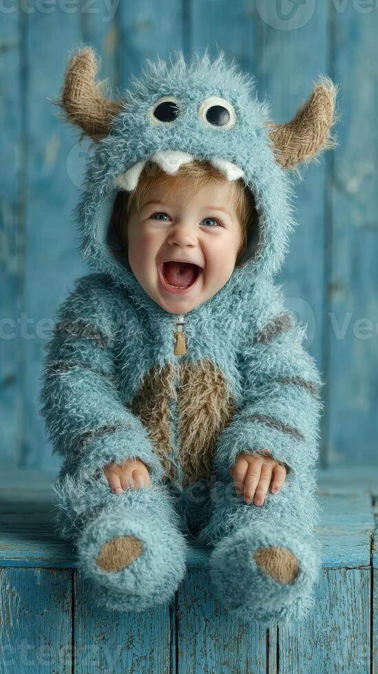 Young child joyfully dressed in a fluffy blue monster costume with a playful expression indoors against a blue wooden background photo