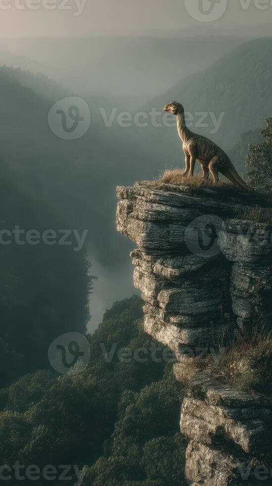 Dinosaur on rocky cliff overlooking valley at sunset in a misty landscape photo