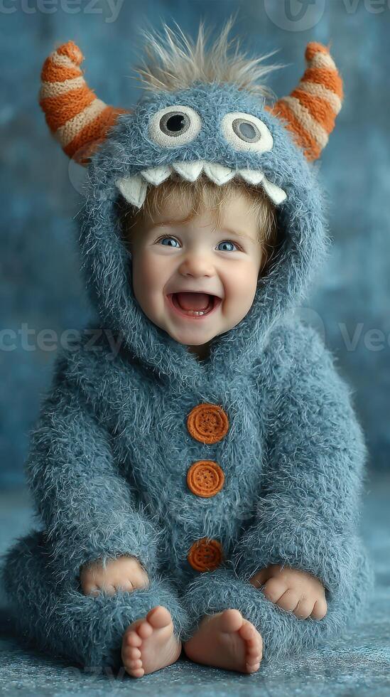 Happy baby dressed in a fluffy monster costume smiles brightly in a playful setting during daytime photo