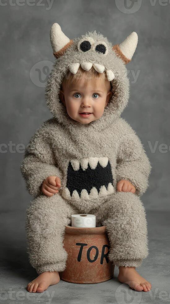 Baby in fuzzy monster costume sitting on a container with a playful expression indoors photo