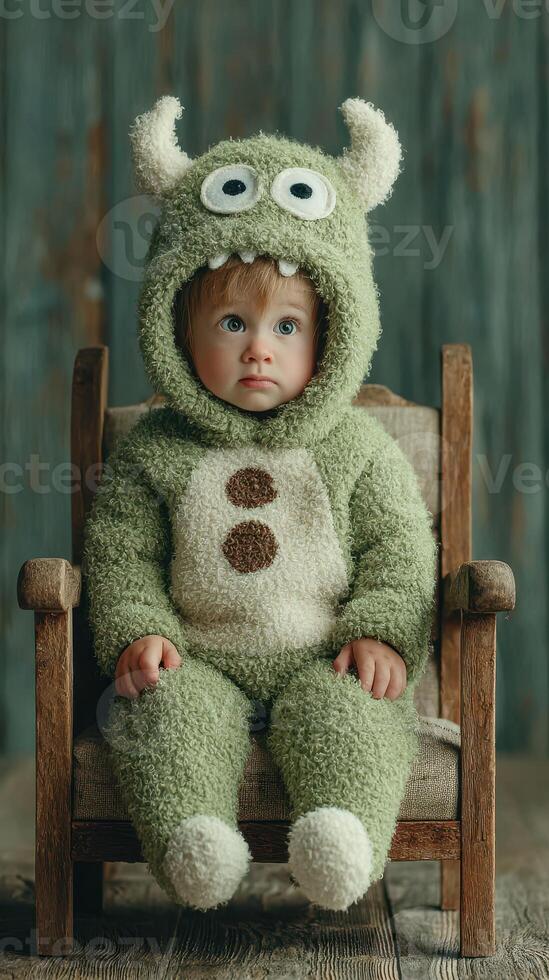 Cute toddler in green monster costume sitting on a wooden chair in a rustic setting photo