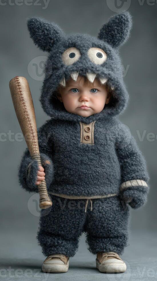 Child in cozy monster outfit holds baseball bat, showcasing a playful yet fierce expression in a studio setting photo