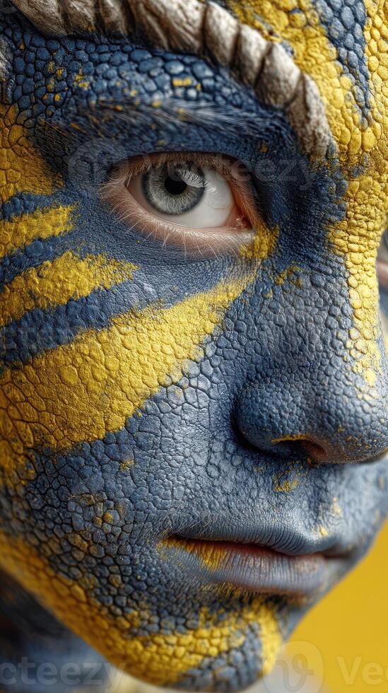Young person with blue and yellow face paint showcasing artistic creativity at a vibrant festival during daytime photo