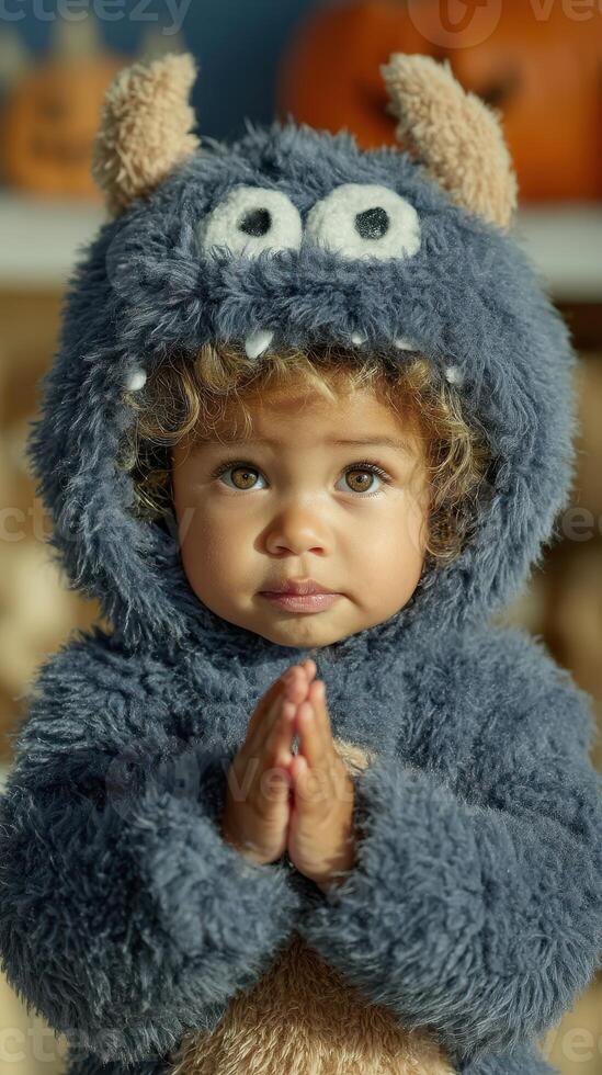 Little child dressed in a monster costume with a playful expression during autumn festivities photo