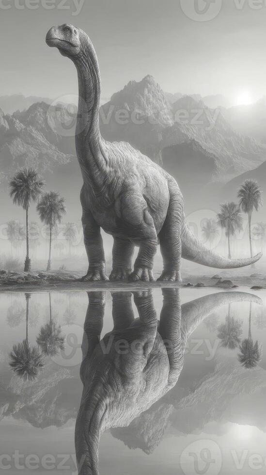 Mystical dinosaur stands tall beside calm water with distant mountains in black and white photo