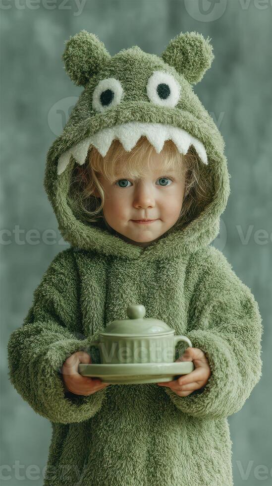 Child dressed in a green monster costume holds a teapot while looking at the camera in a cozy setting photo