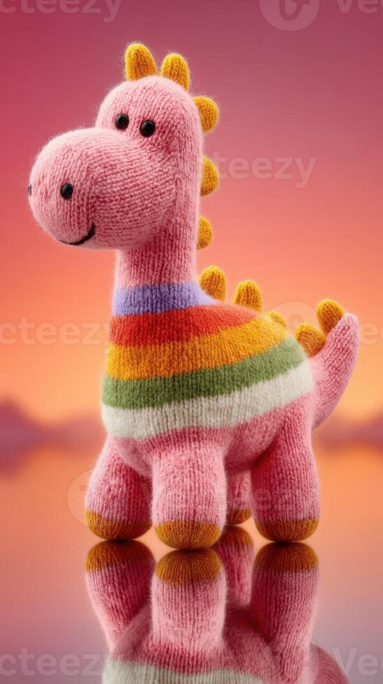 Colorful knitted dinosaur toy standing on reflective surface at sunset photo