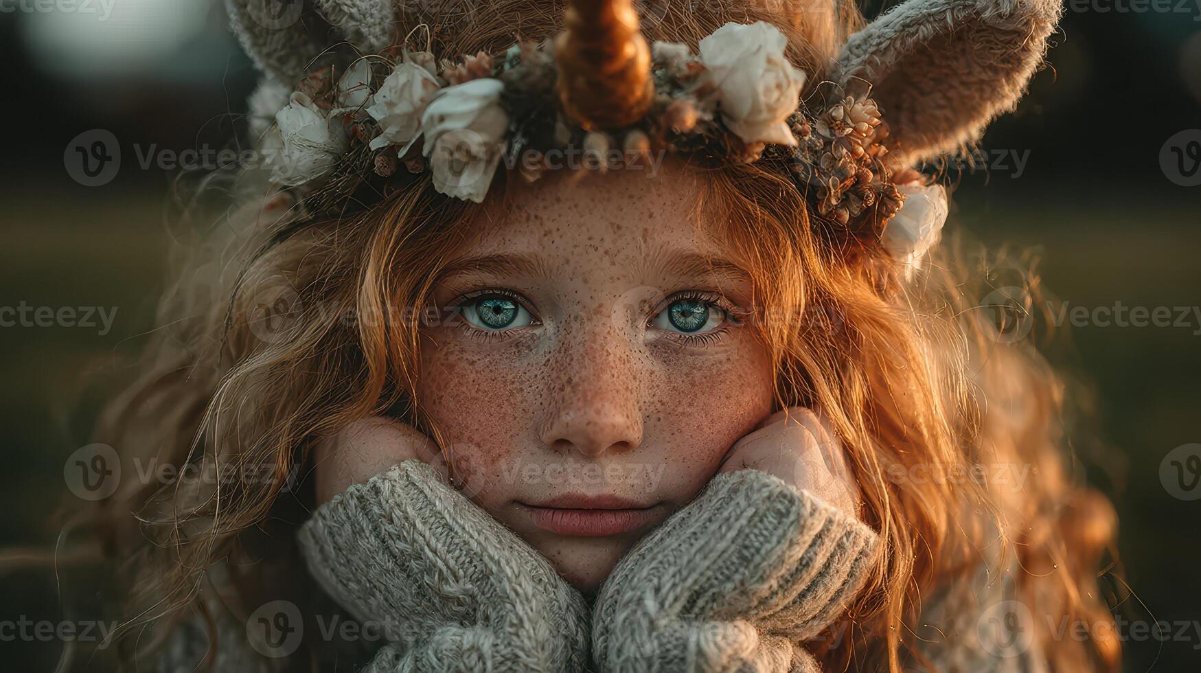 Young girl with curly red hair and unicorn headband gazes thoughtfully during sunset in a field photo
