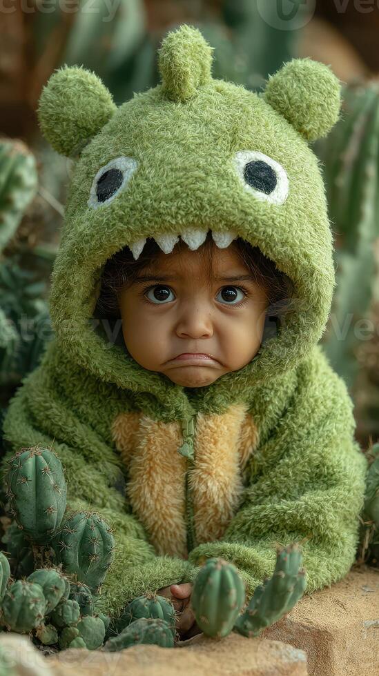 Child in green monster costume expressing sadness while surrounded by cacti outdoors in natural light during daytime photo