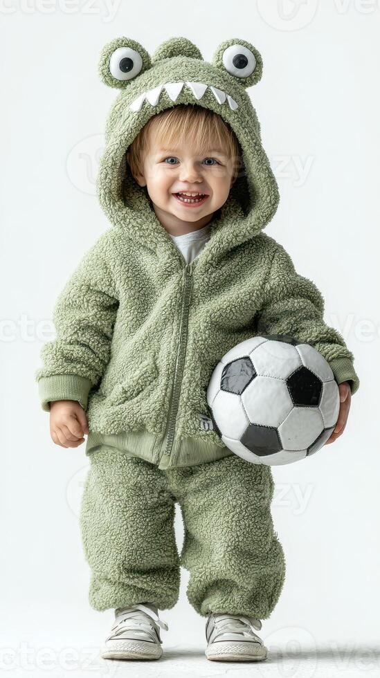 Toddler in green monster outfit happily poses with a soccer ball, showcasing playful spirit and joy indoors photo