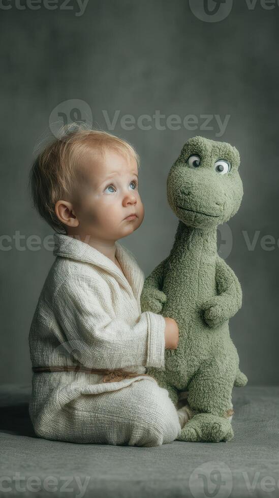 Child in white bathrobe sitting with green dinosaur toy, creating a heartwarming scene of innocence and imagination indoors photo