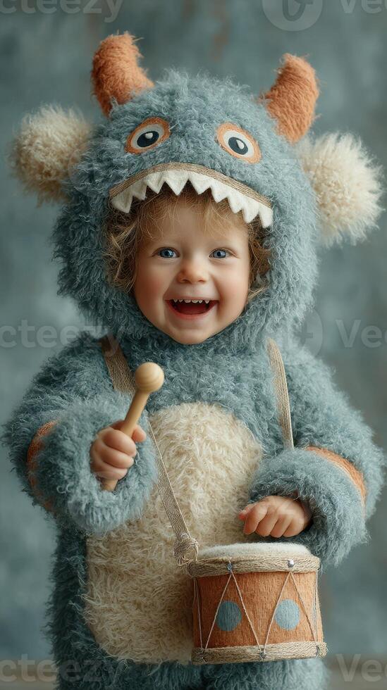 Happy child dressed in a fluffy monster costume playing a drum indoors during a creative photo session
