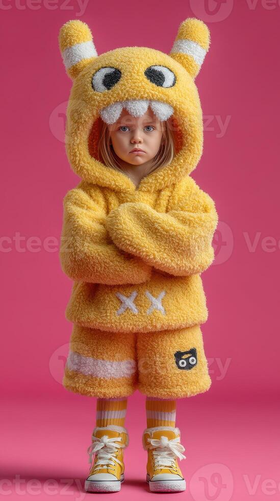 Child dressed in yellow fuzzy outfit posing confidently against a pink backdrop during a playful indoor photoshoot photo