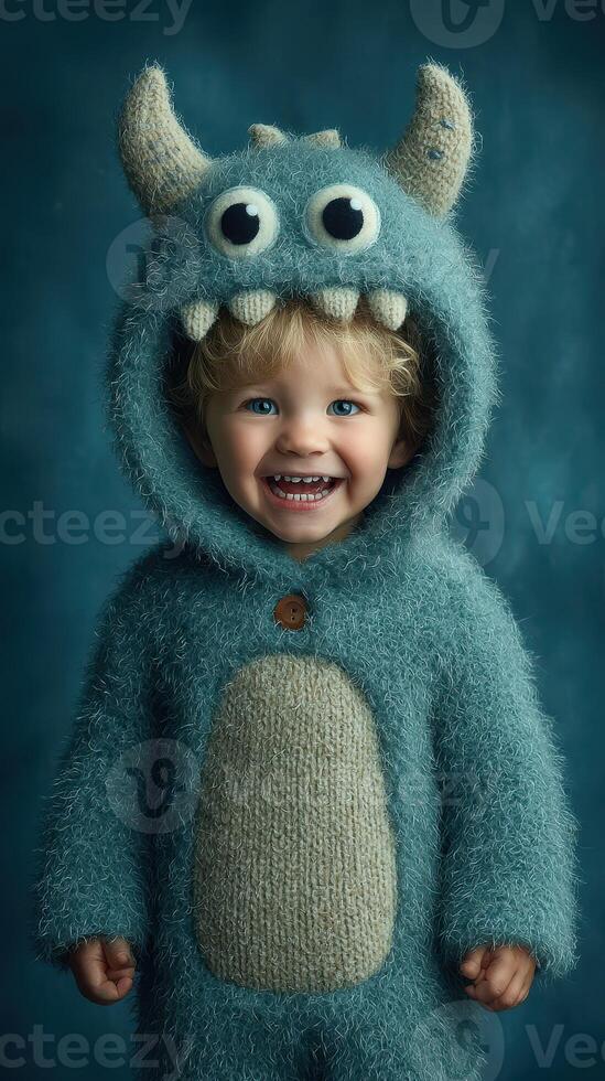 Child dressed in a fluffy monster costume smiling against a blue backdrop in a cozy indoor setting photo