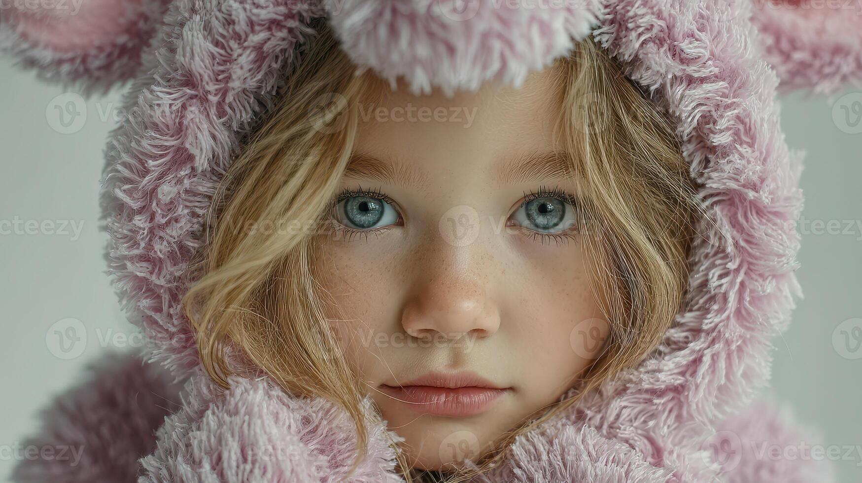 Young child in a pink fluffy costume with soft texture, looking directly at the camera with a curious expression indoors photo