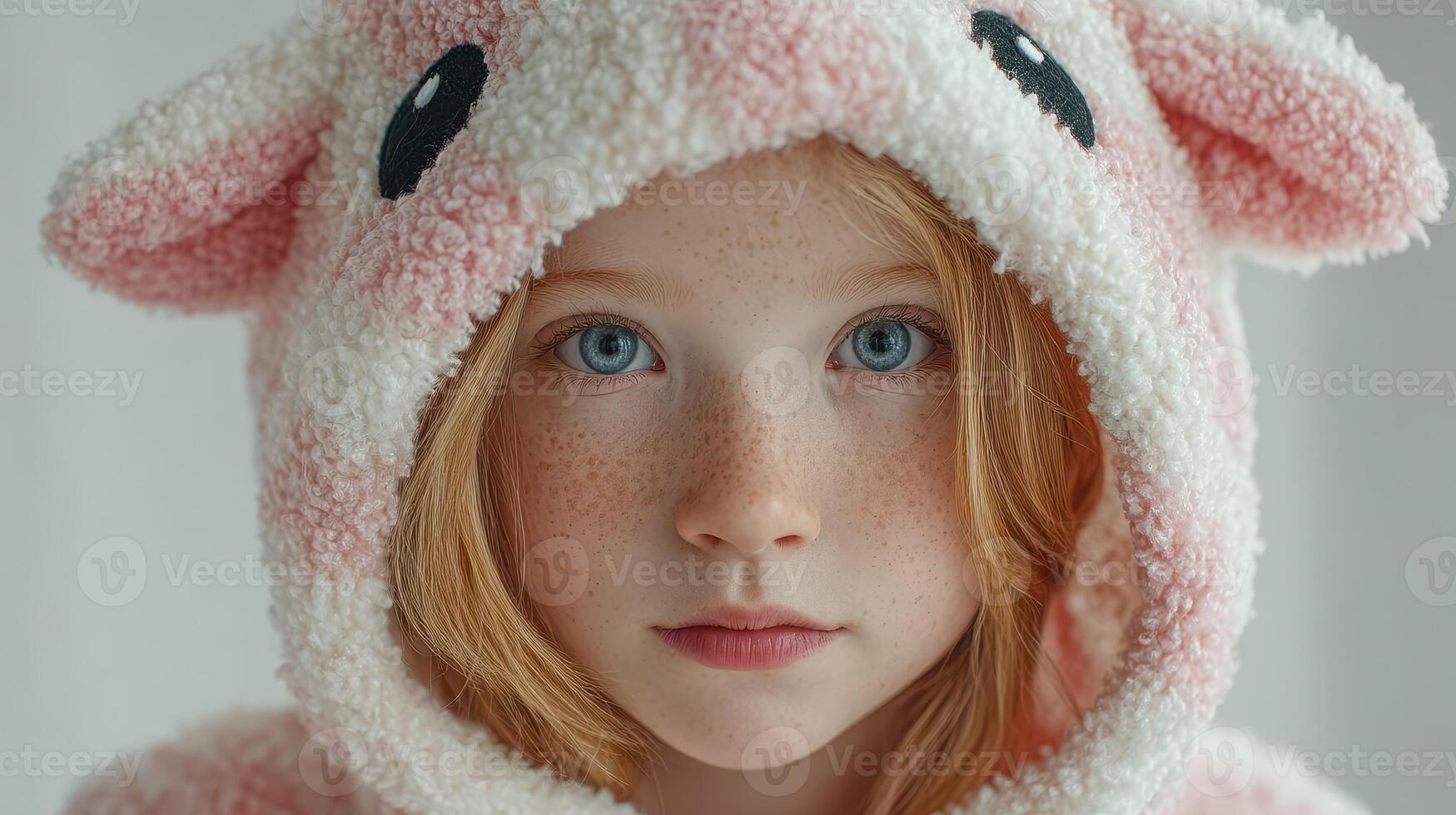 Young child wearing a fluffy animal costume indoors, showcasing her expressive eyes and soft features during a cozy moment photo