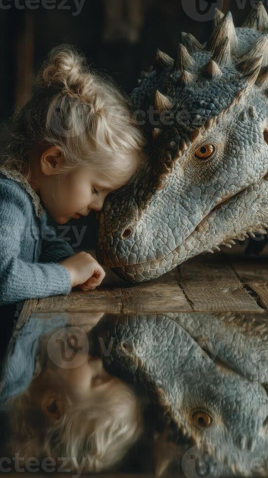 Child shares a quiet moment with a dragon in a cozy room during dusk photo