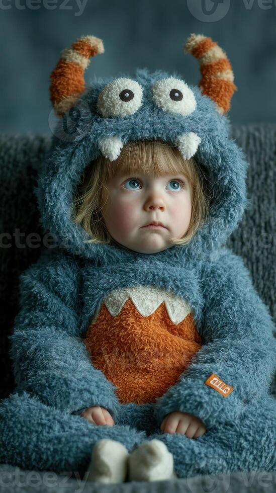 Child dressed in fluffy monster costume sitting on couch with a thoughtful expression in a cozy indoor setting during daytime photo