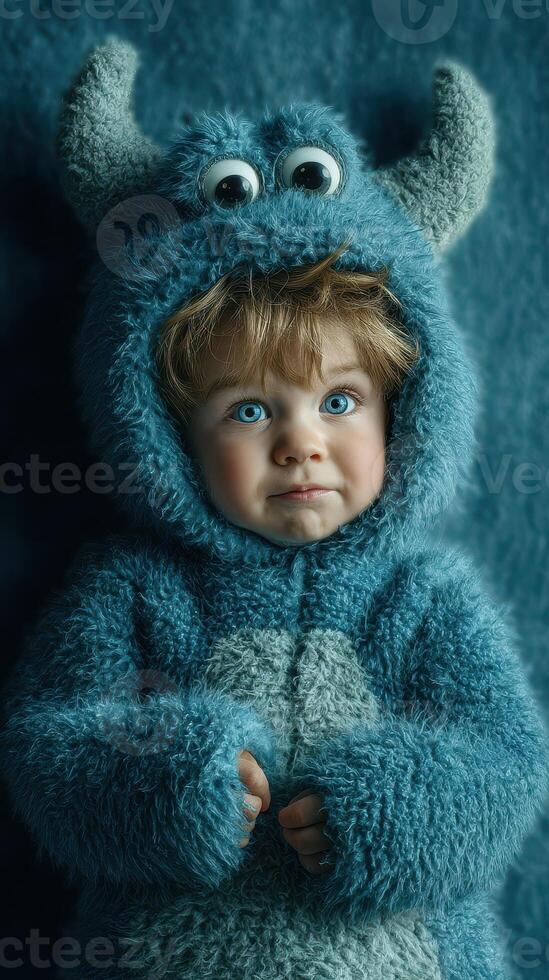 Young child in blue monster costume lying on soft surface with expressive eyes and playful expression during indoor playtime photo