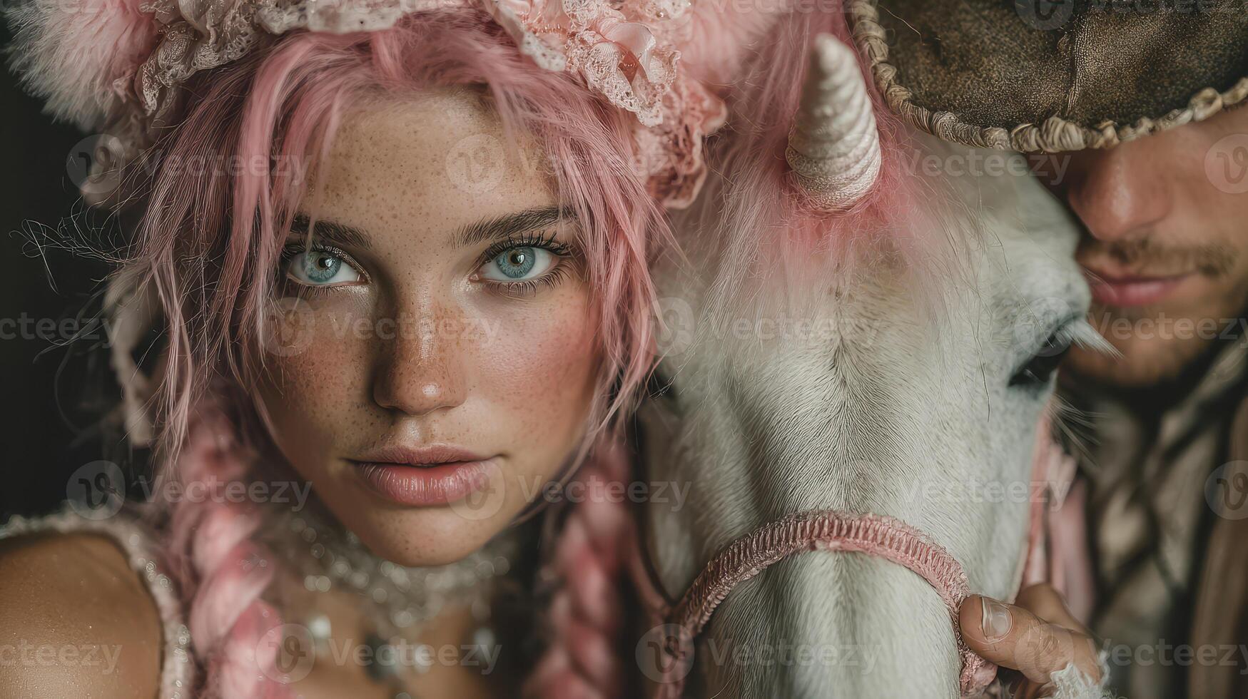 Fantasy portrait of a young woman with pink hair beside a unicorn in an enchanting setting photo