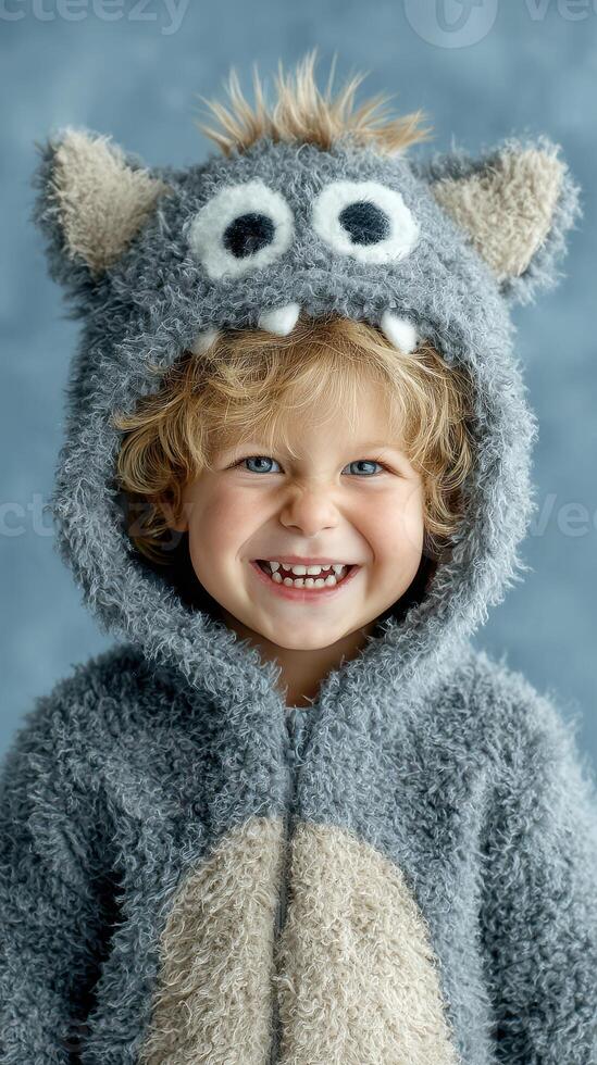 Child dressed as a fuzzy monster smiles joyfully against a blue background during a playful indoor activity photo